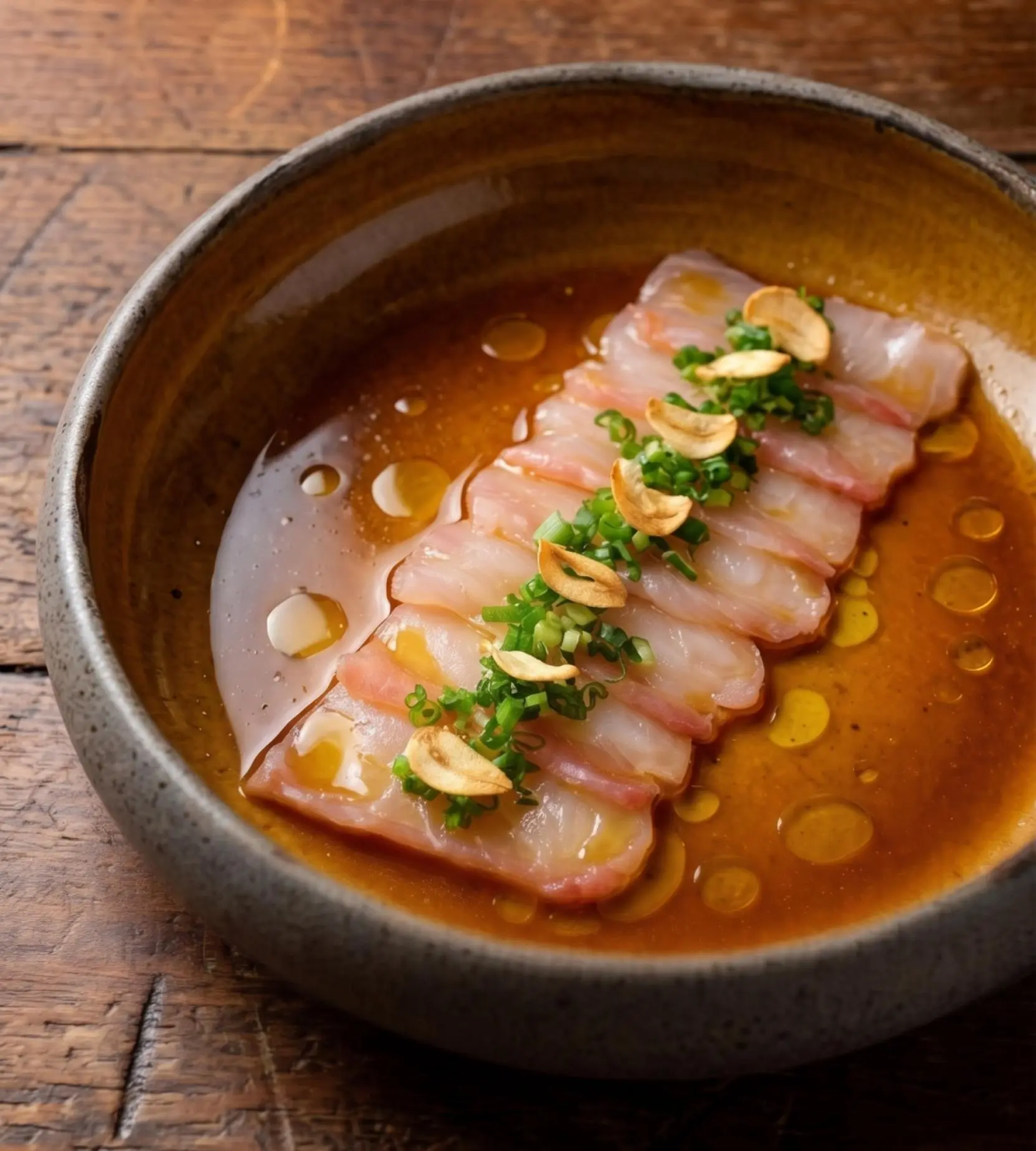 Plate of tiradito clásico: thin slices of corvina fanned out in a circle, under a yellow ají amarillo leche de tigre, with cilantro and a slice of rocoto